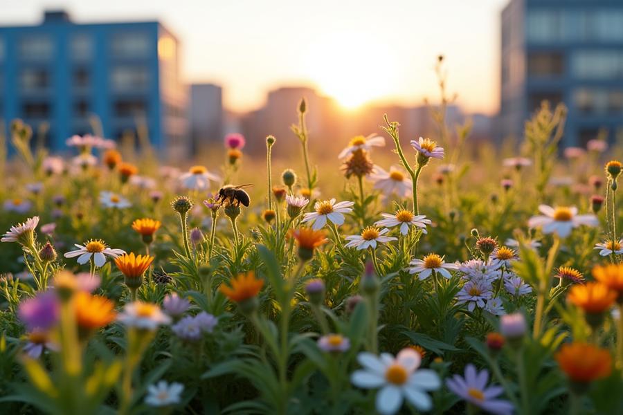 Detaljert bilde av en takhage som vrimler av insekter og småfugler blant innfødte nordiske planter